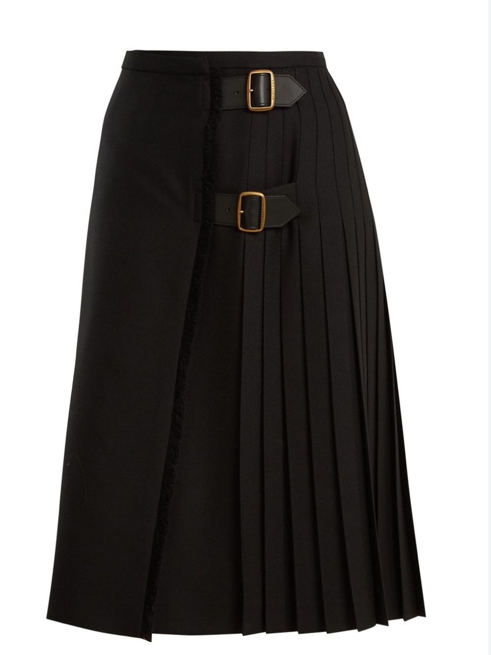 Burberry Black Pleated Wrap Midi Skirt with Buckle Straps